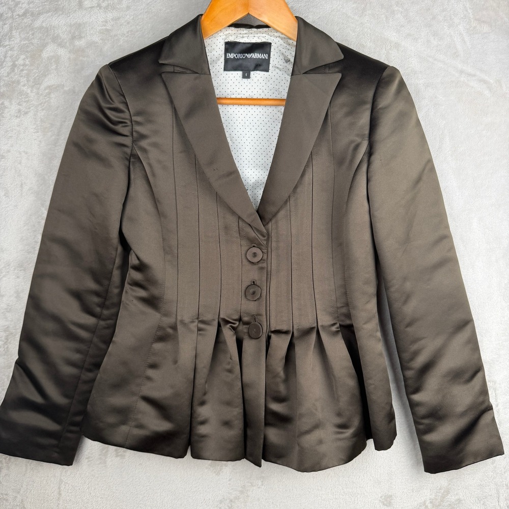 Emporio Armani Women Brown Satin Pintuck Peplum Blazer Jacket Made in Italy Sz 6